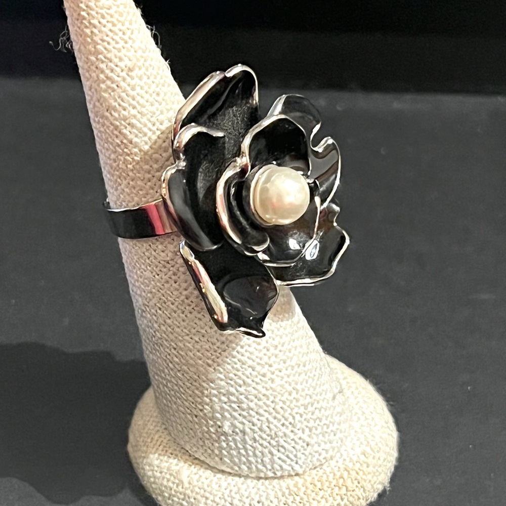 Black Ceramic Statement Flower Ring. Adjustable. - image 1
